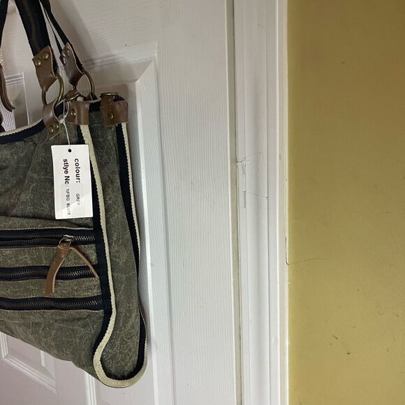 Uddini  grey distressed canvas large tote with brown faux leather trims - Picture 3 of 14